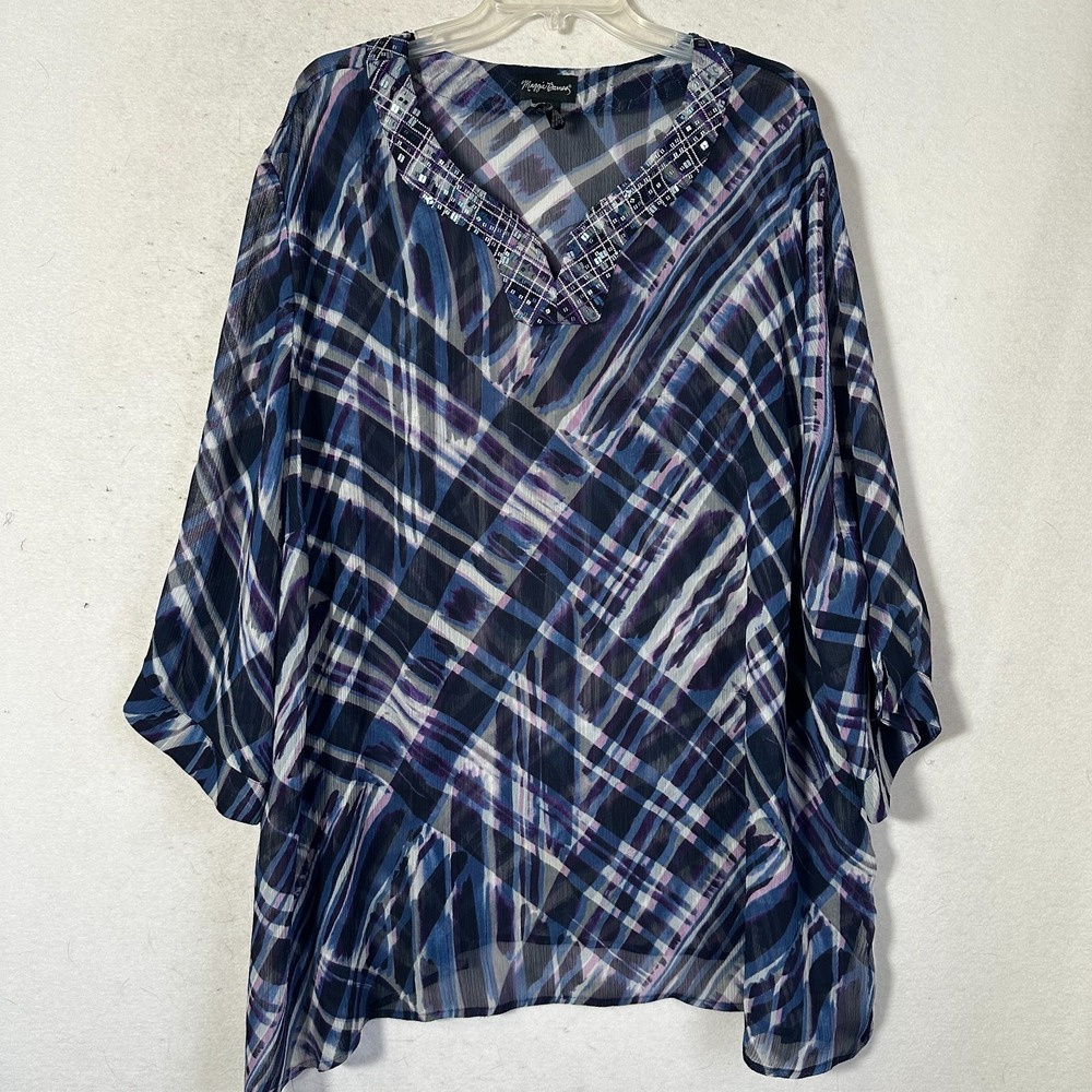 Maggie Barnes top blouse sz 3X blue purple sheer v neck sequin embellishment